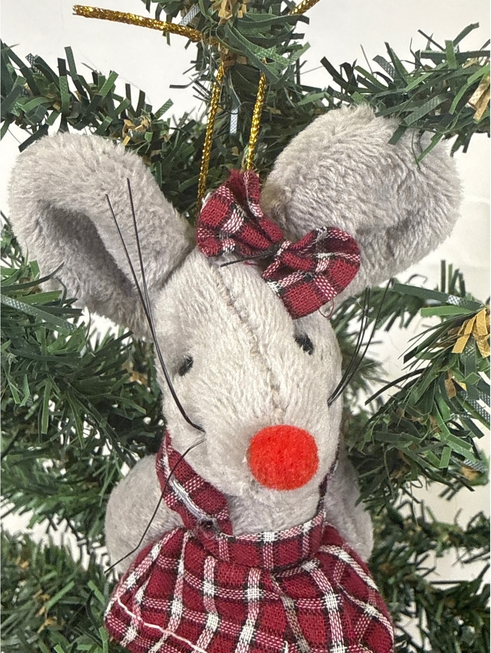 Vintage Plush Mouse Christmas Ornament with Red Plaid Dress and Bow